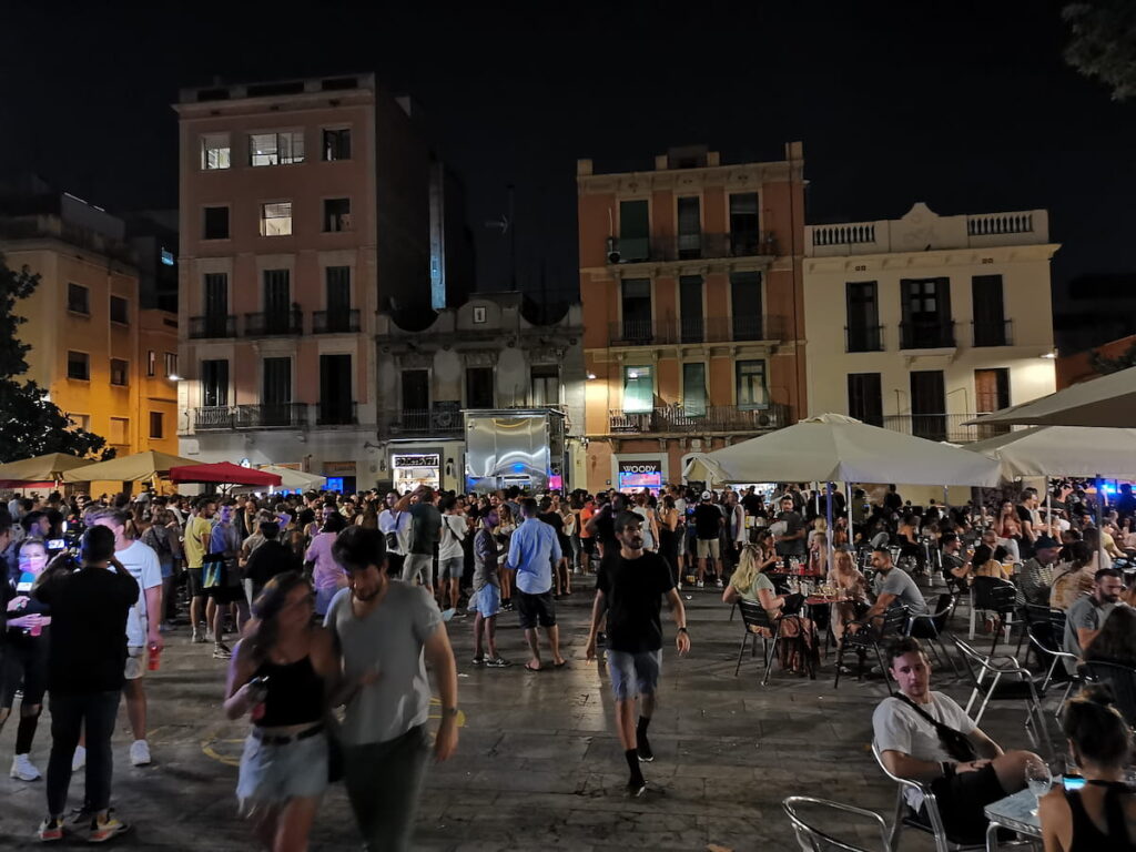 Packed evening plaza in central Barcelona