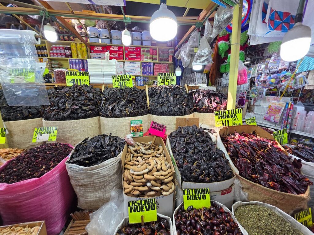 Dried chili varieties for sale at Mercado de la Merced, Mexico City