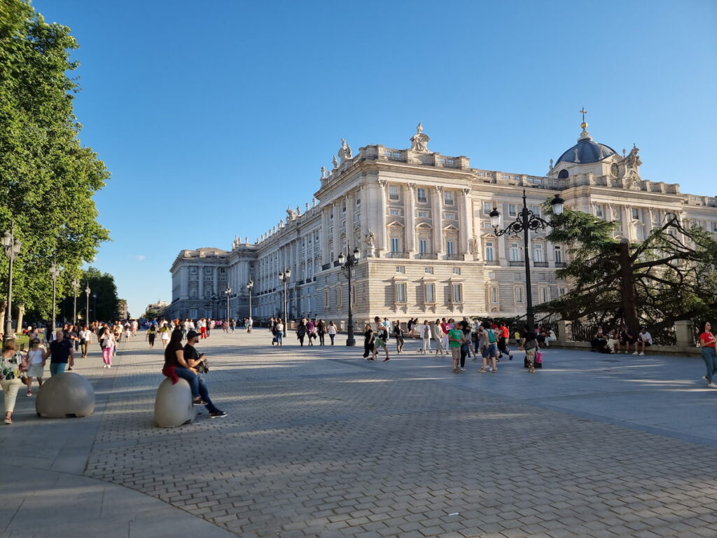 The northeast facade of the Royal Palace of Madrid on a clear fall afternoon