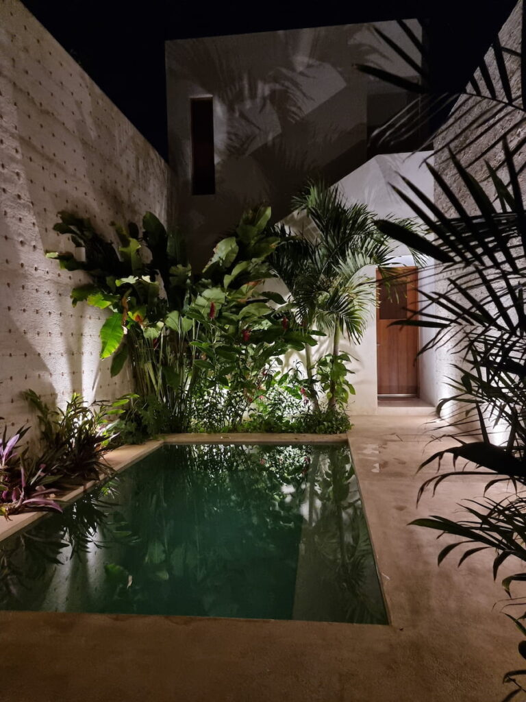 A nighttime view to a small plunge pool in the courtyard with plants and a tall wall on each side behind a city house in Mérida, Mexico